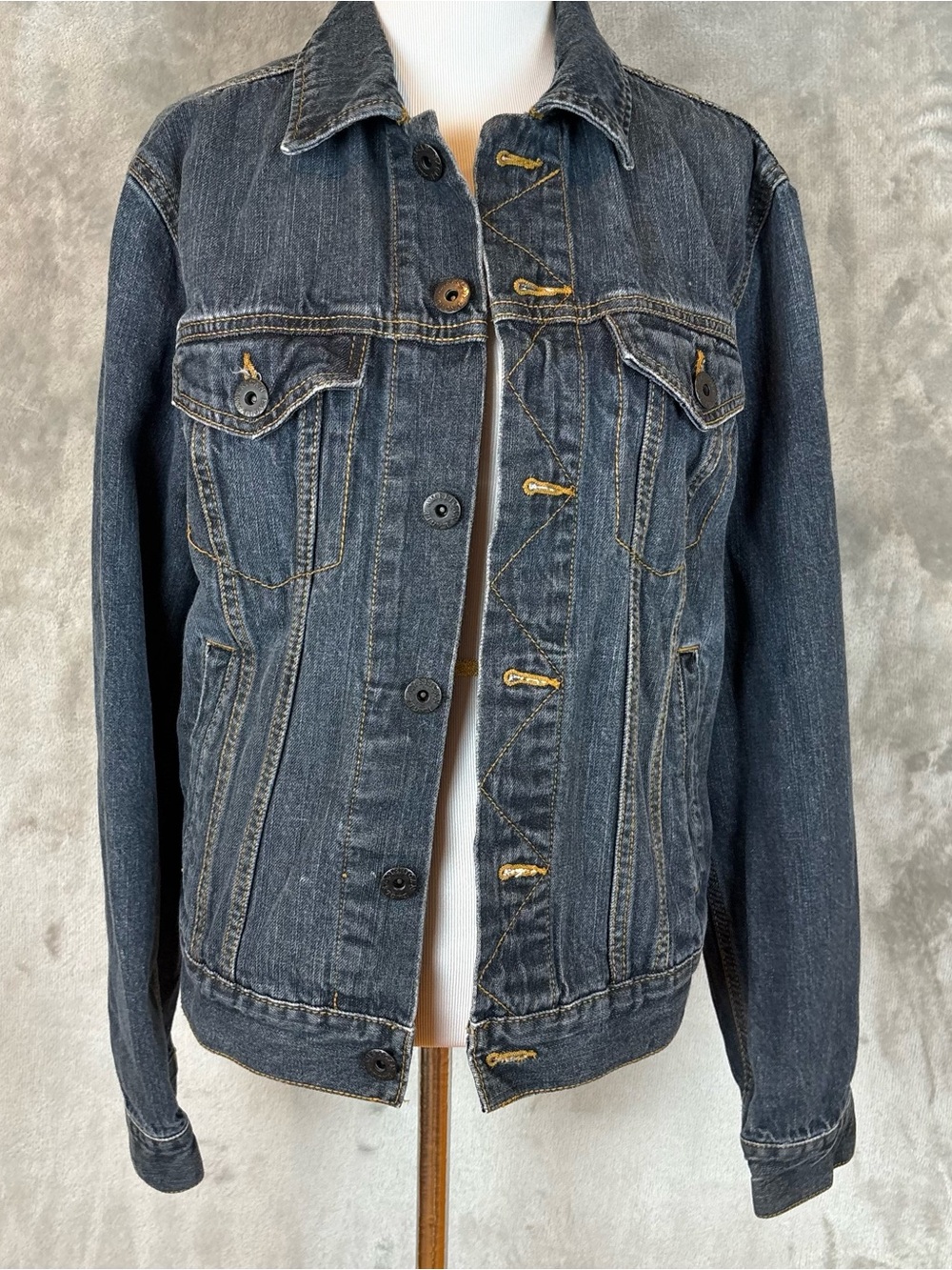American Eagle Women's Denim Jacket Dark Wash Gray Black Trucker Jean Coat Sz S